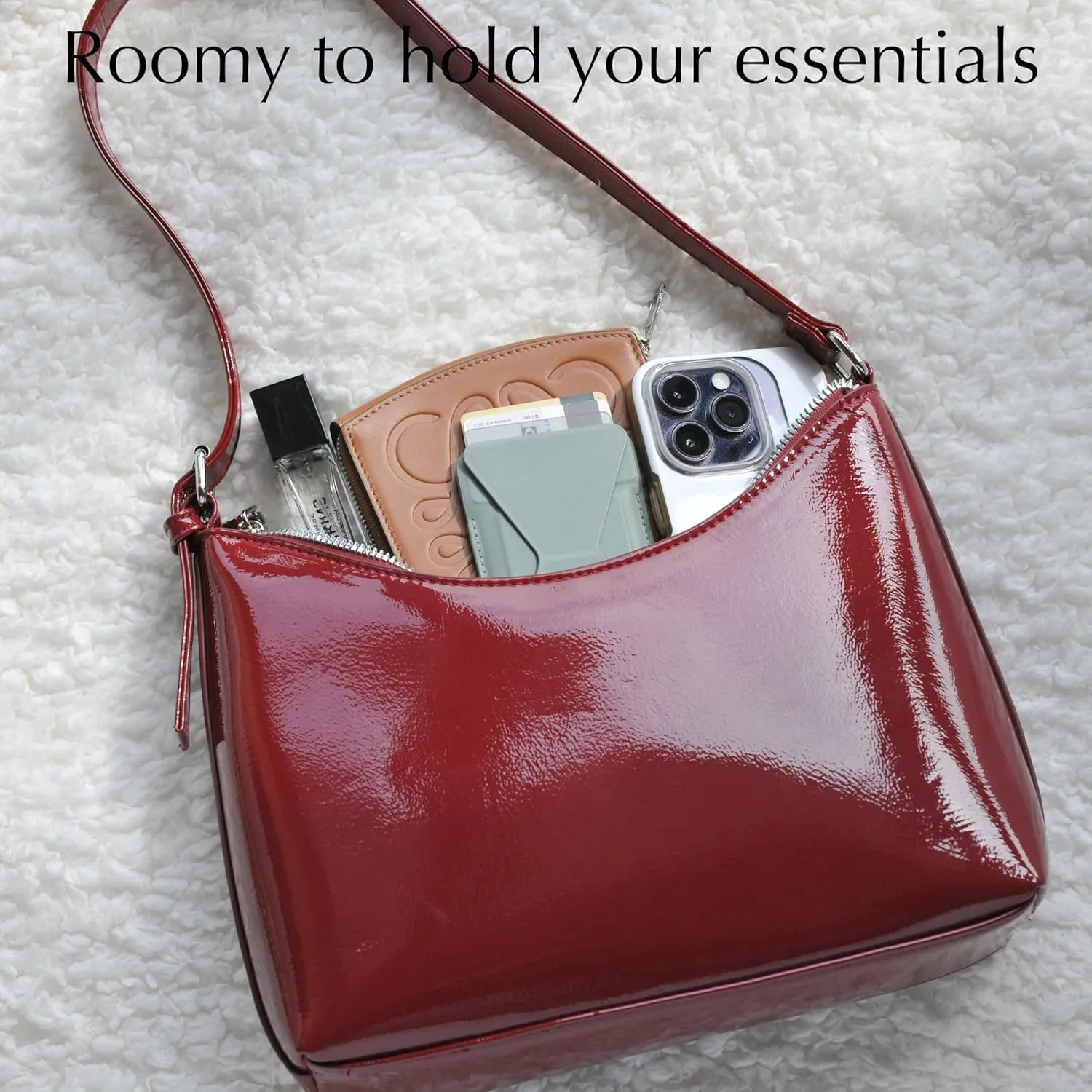 HOXIS Minimalist Faux Patent Leather Shoulder Bag Shiny Women Purse Y2K Style