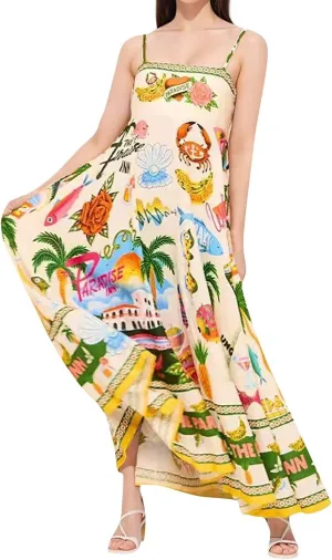 HXHYQKP Long Sundresses for Women 2025 Spaghetti Strap Graffiti Dresses Graphic A Line Swing Long Cami Dress