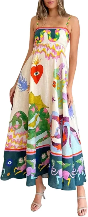 HXHYQKP Long Sundresses for Women 2025 Spaghetti Strap Graffiti Dresses Graphic A Line Swing Long Cami Dress