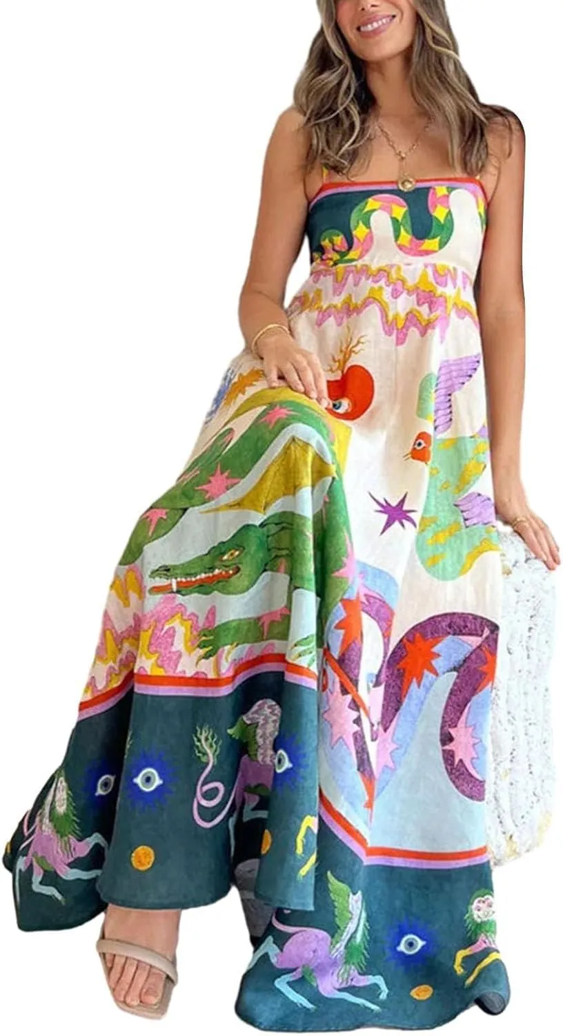 HXHYQKP Long Sundresses for Women 2025 Spaghetti Strap Graffiti Dresses Graphic A Line Swing Long Cami Dress