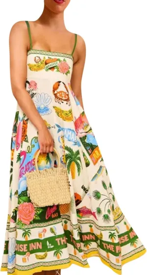 HXHYQKP Long Sundresses for Women 2025 Spaghetti Strap Graffiti Dresses Graphic A Line Swing Long Cami Dress