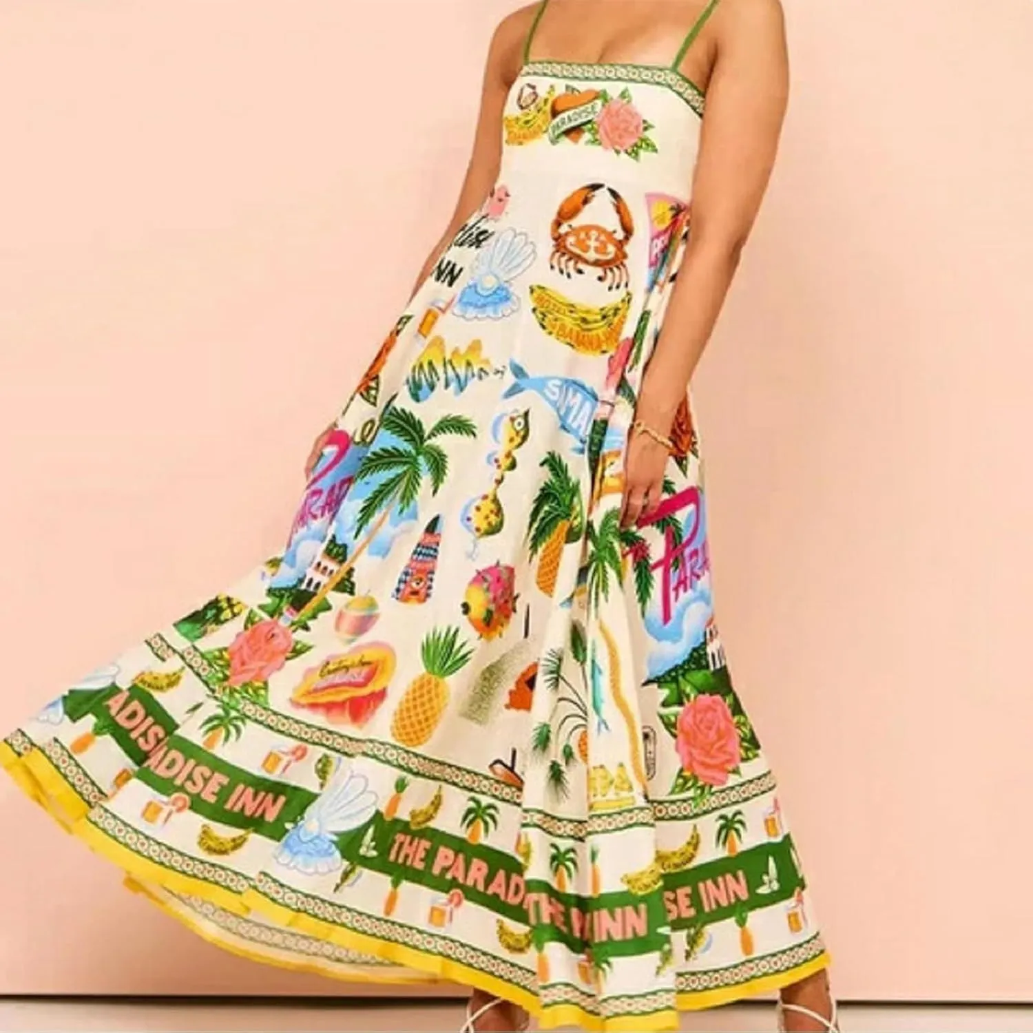 HXHYQKP Long Sundresses for Women 2025 Spaghetti Strap Graffiti Dresses Graphic A Line Swing Long Cami Dress