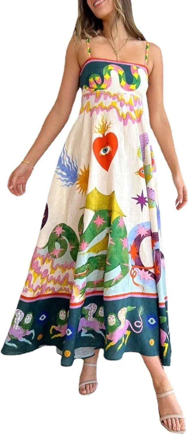 HXHYQKP Long Sundresses for Women 2025 Spaghetti Strap Graffiti Dresses Graphic A Line Swing Long Cami Dress