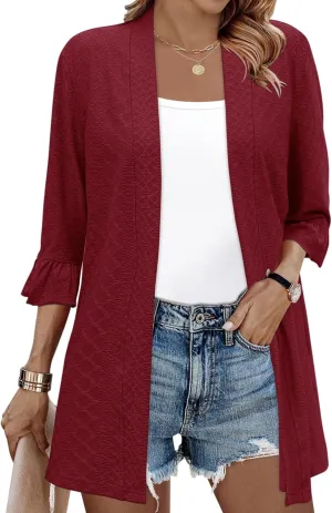 IECCP Womens Lightweight Cardigan 3/4 Sleeve Open Front Cozy Ruffles Sleeve Thin Cardigans Jacket