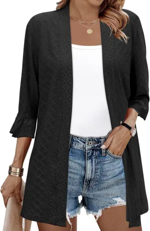 IECCP Womens Lightweight Cardigan 3/4 Sleeve Open Front Cozy Ruffles Sleeve Thin Cardigans Jacket