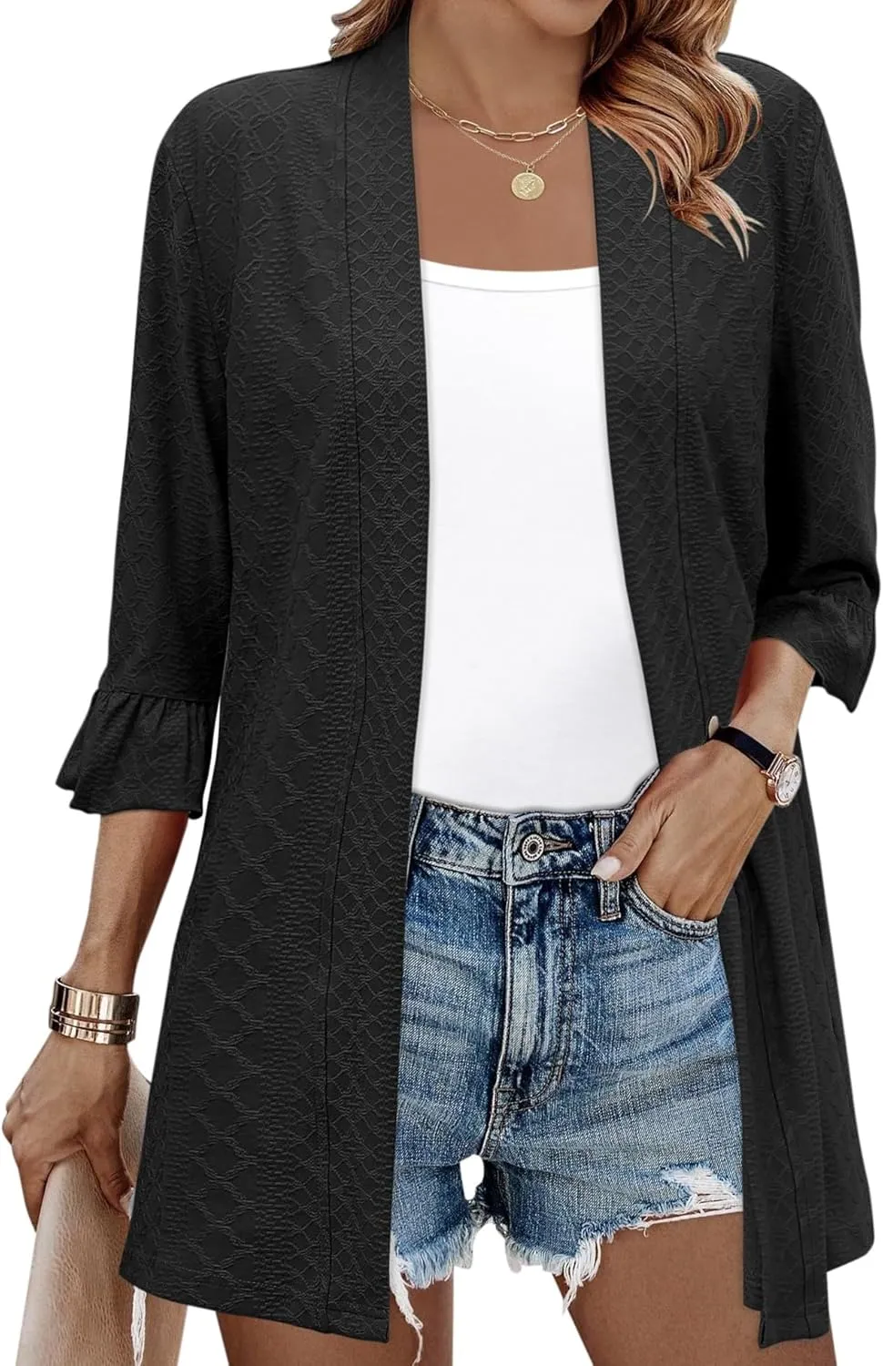 IECCP Womens Lightweight Cardigan 3/4 Sleeve Open Front Cozy Ruffles Sleeve Thin Cardigans Jacket