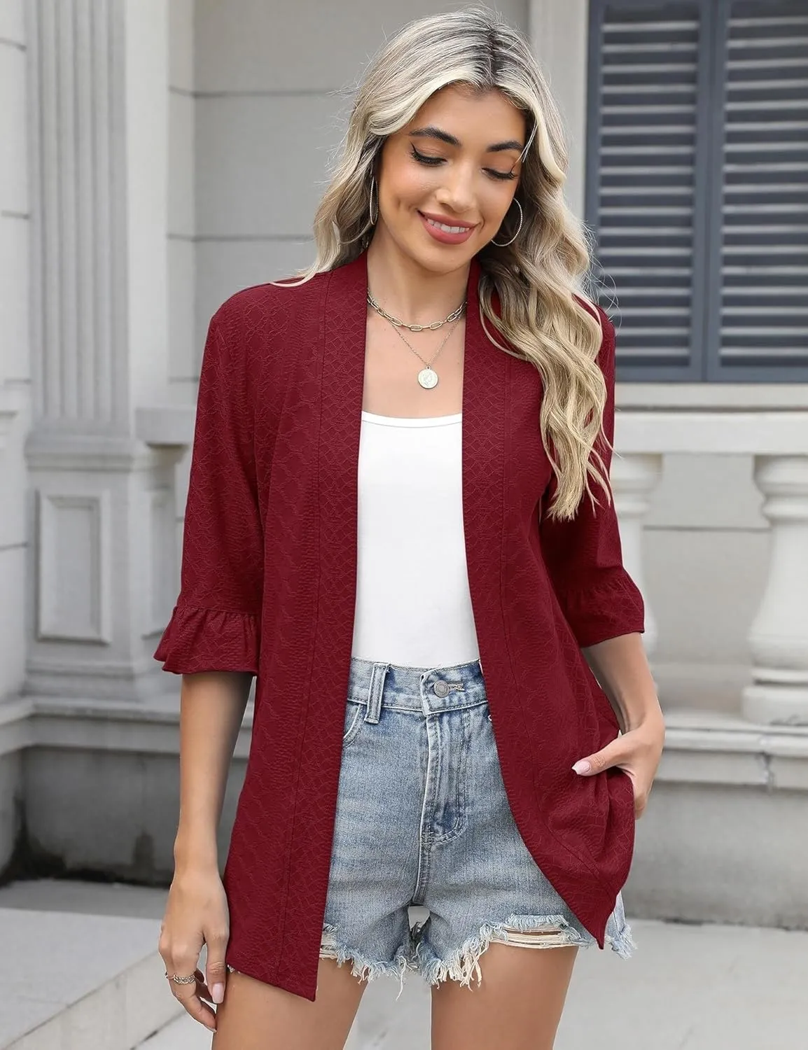 IECCP Womens Lightweight Cardigan 3/4 Sleeve Open Front Cozy Ruffles Sleeve Thin Cardigans Jacket