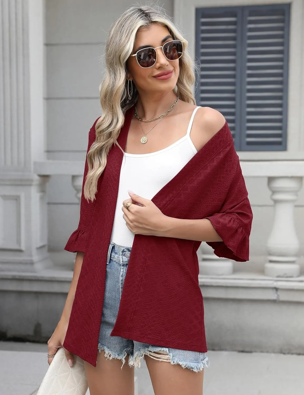 IECCP Womens Lightweight Cardigan 3/4 Sleeve Open Front Cozy Ruffles Sleeve Thin Cardigans Jacket