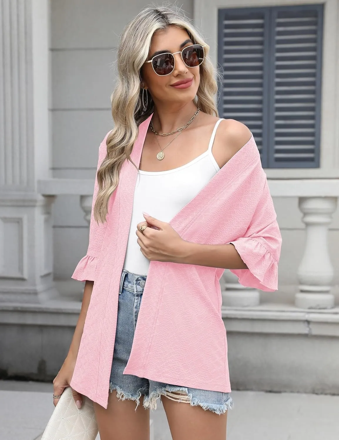 IECCP Womens Lightweight Cardigan 3/4 Sleeve Open Front Cozy Ruffles Sleeve Thin Cardigans Jacket