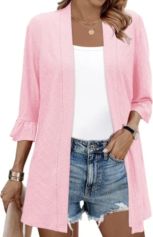 IECCP Womens Lightweight Cardigan 3/4 Sleeve Open Front Cozy Ruffles Sleeve Thin Cardigans Jacket