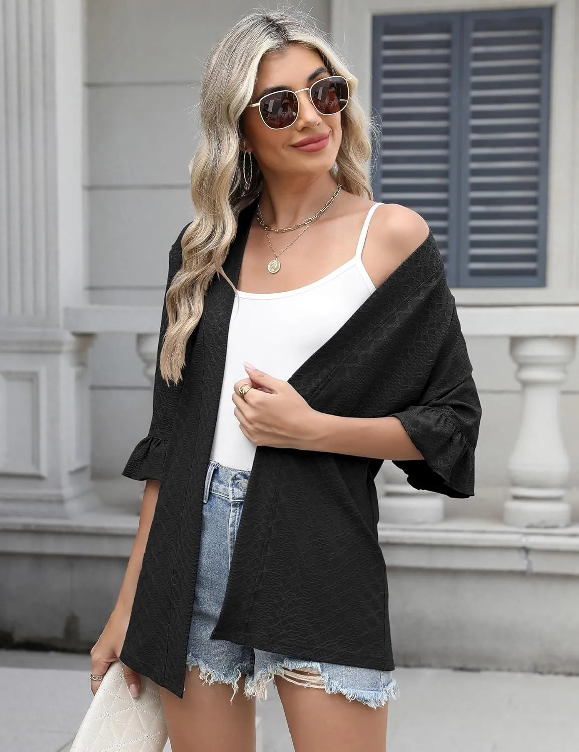 IECCP Womens Lightweight Cardigan 3/4 Sleeve Open Front Cozy Ruffles Sleeve Thin Cardigans Jacket