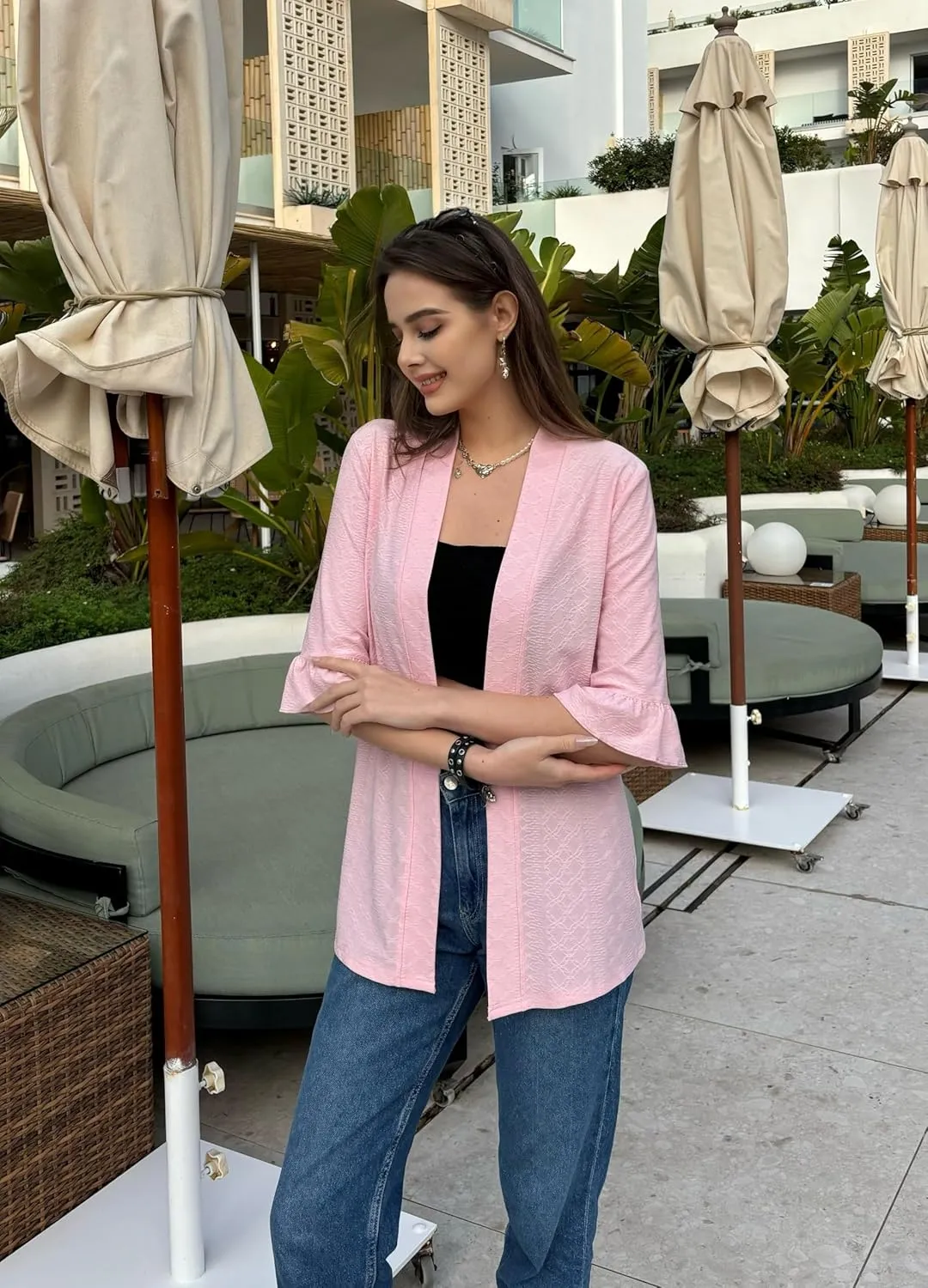 IECCP Womens Lightweight Cardigan 3/4 Sleeve Open Front Cozy Ruffles Sleeve Thin Cardigans Jacket