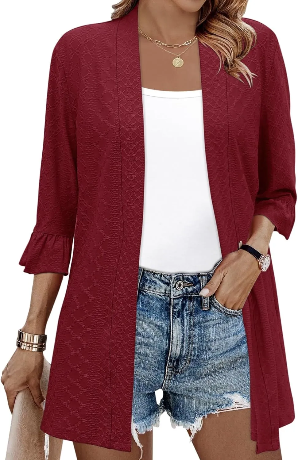 IECCP Womens Lightweight Cardigan 3/4 Sleeve Open Front Cozy Ruffles Sleeve Thin Cardigans Jacket
