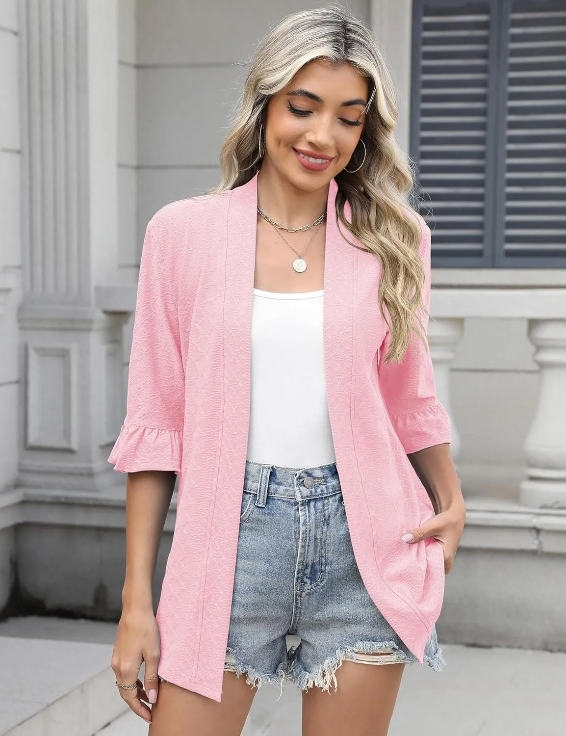 IECCP Womens Lightweight Cardigan 3/4 Sleeve Open Front Cozy Ruffles Sleeve Thin Cardigans Jacket