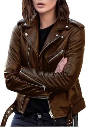 iLH Women Cool Faux Leather Jacket Long Sleeve Zipper Fitted Coat Fall Short Jacket Working Jackets For Women