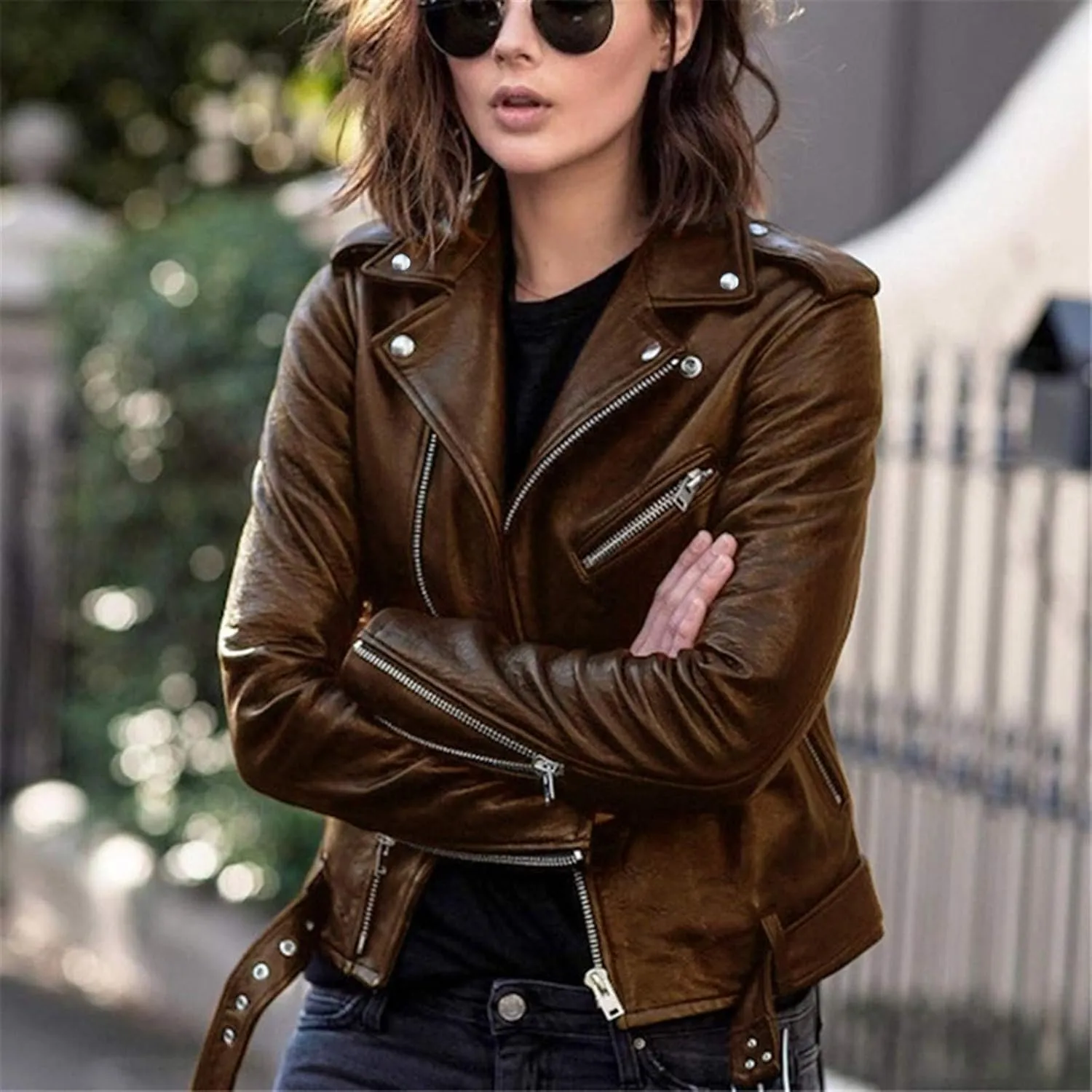 iLH Women Cool Faux Leather Jacket Long Sleeve Zipper Fitted Coat Fall Short Jacket Working Jackets For Women