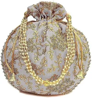 Indian Ethnic White Potli Bag Ladies Handbag Purse for Bridal Batwa Pearls Handle Purse Clutch Purse for Women, Girls (1Pcs)