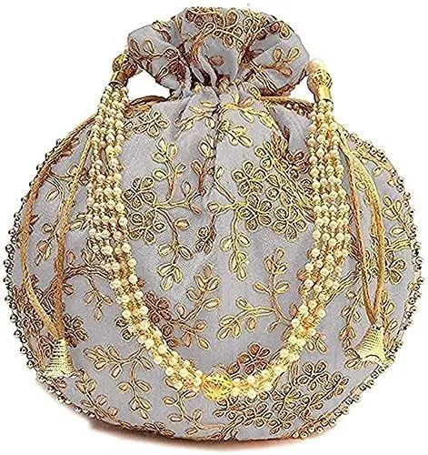 Indian Ethnic White Potli Bag Ladies Handbag Purse for Bridal Batwa Pearls Handle Purse Clutch Purse for Women, Girls (1Pcs)