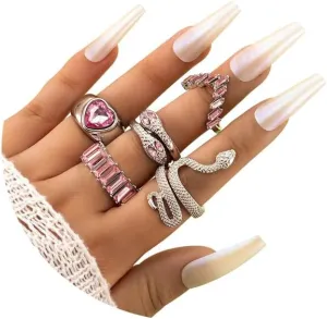 INENIMARTJ Snake Rings for Women,Gold Snake Knuckle Rings Boho Crystal Heart Stacking Finger Rings Set Vintage Snake Jewelry (Pink)