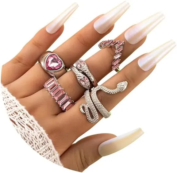 INENIMARTJ Snake Rings for Women,Gold Snake Knuckle Rings Boho Crystal Heart Stacking Finger Rings Set Vintage Snake Jewelry (Pink)