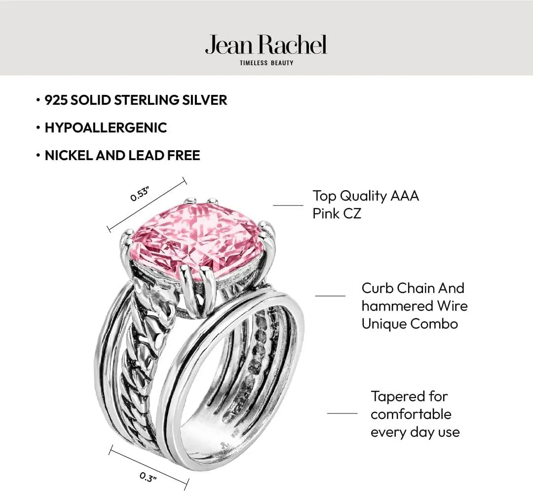 JEAN RACHEL JEWELRY 925 Sterling Silver Ring - Curb Chain Vintage Design with Cushion Shaped Cubic Zirconia - Hypoallergenic, Lead & Nickel Free - Artisan Handcrafted Statement Rings for Women