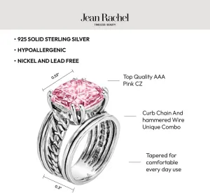 JEAN RACHEL JEWELRY 925 Sterling Silver Ring - Curb Chain Vintage Design with Cushion Shaped Cubic Zirconia - Hypoallergenic, Lead & Nickel Free - Artisan Handcrafted Statement Rings for Women