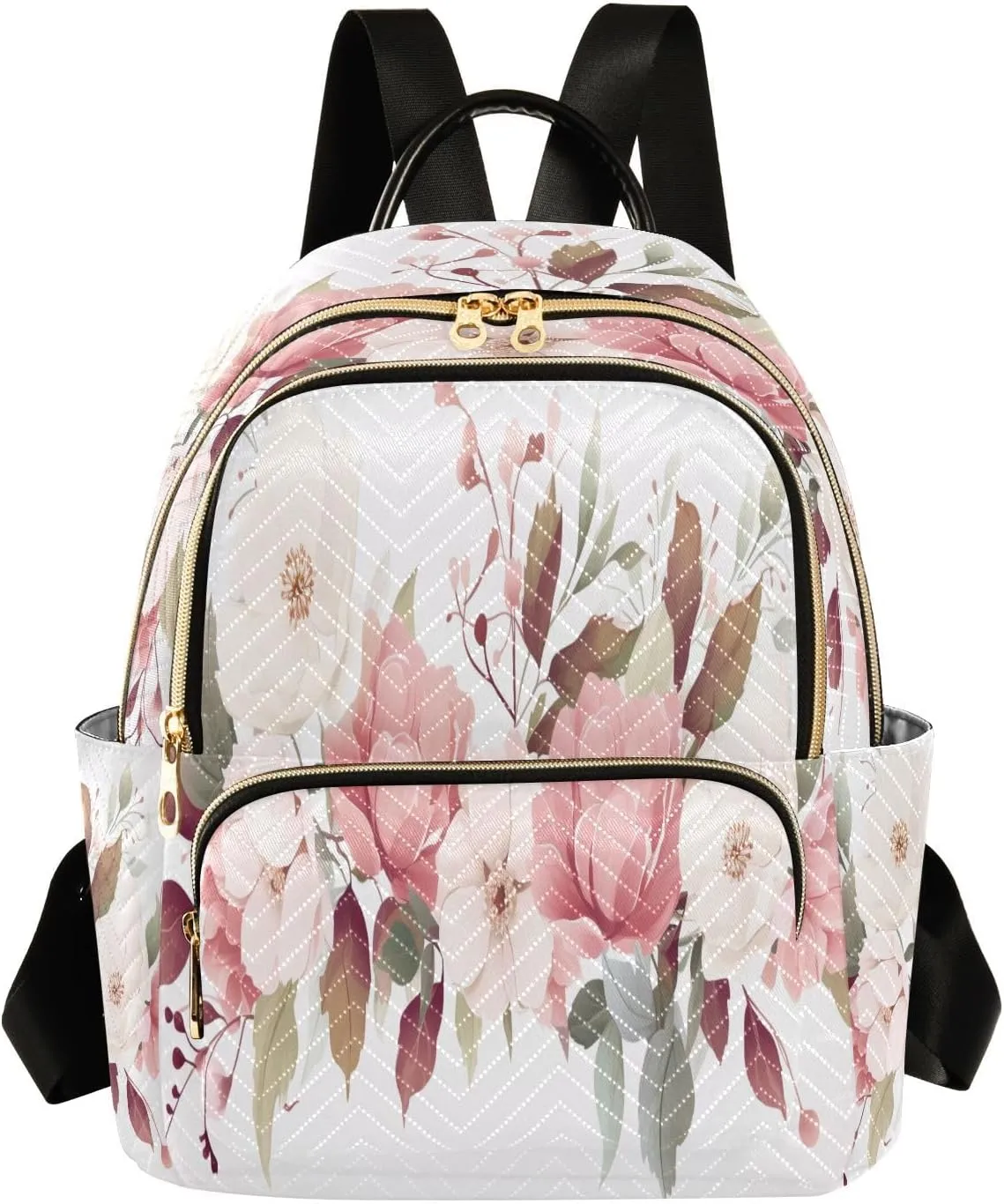 Joko Ivery Pink White Flowers Mini Backpack for Women Small Backpack Purse for Girls Quilted Daypack for Work Daily Travel Fashion Laptop Shoulder Purses Bags Back Pack for Teens College Bookbag