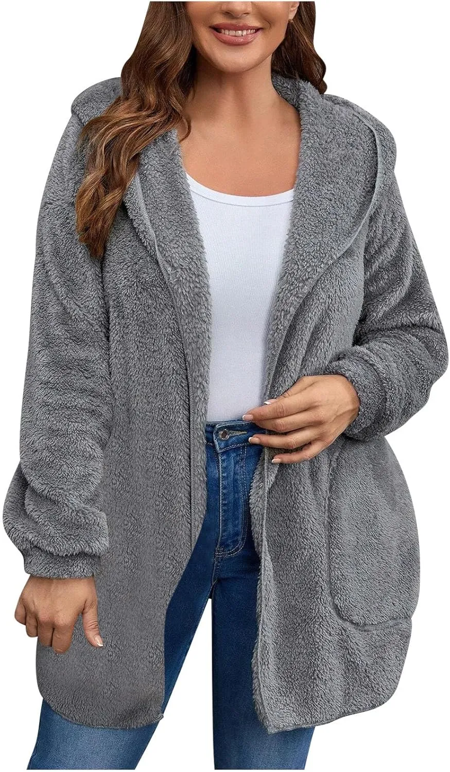 jovati Womens Winter Long Sleeve Solid Fuzzy Fleece Open Front Hooded Cardigans Jacket Coats Outerwear with Pocket 2024