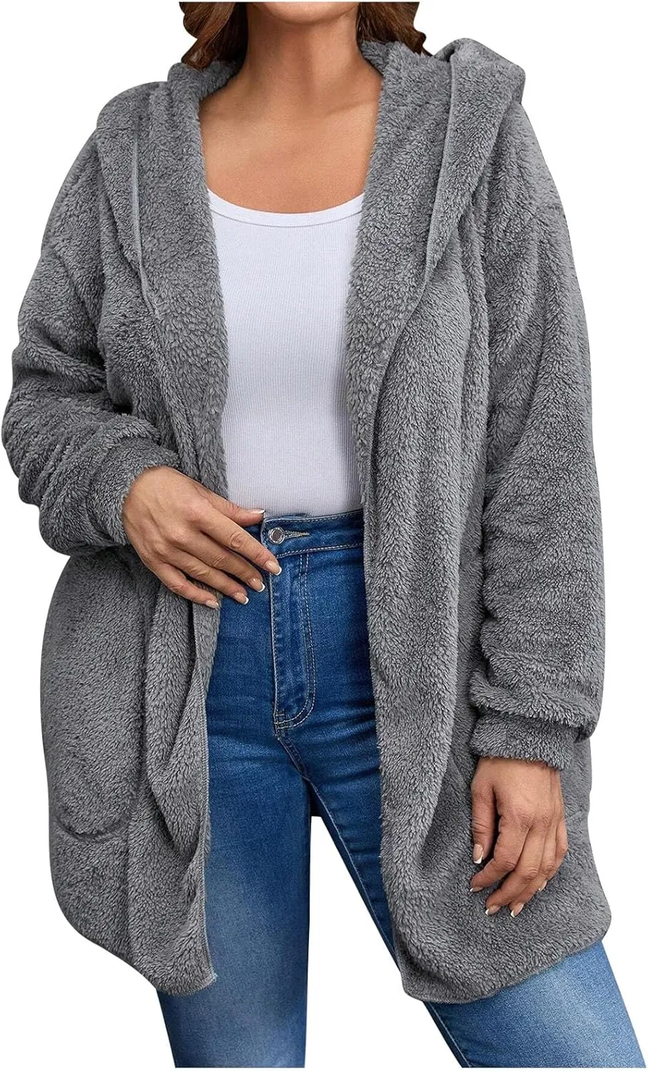 jovati Womens Winter Long Sleeve Solid Fuzzy Fleece Open Front Hooded Cardigans Jacket Coats Outerwear with Pocket 2024