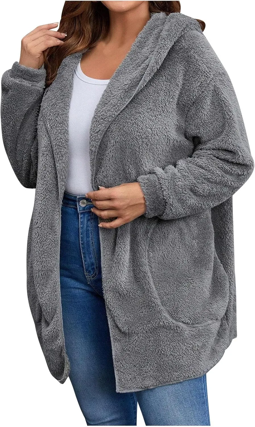 jovati Womens Winter Long Sleeve Solid Fuzzy Fleece Open Front Hooded Cardigans Jacket Coats Outerwear with Pocket 2024