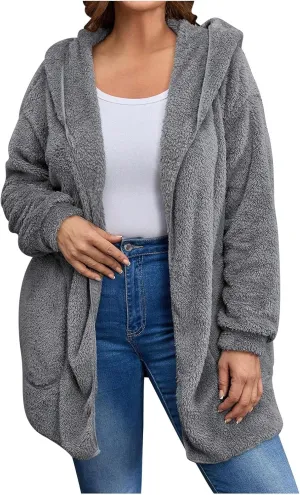 jovati Womens Winter Long Sleeve Solid Fuzzy Fleece Open Front Hooded Cardigans Jacket Coats Outerwear with Pocket 2024