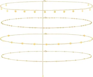 Jovivi 4 Pcs 18K Gold Plated Body Chains for Women,Adjustable Belly Chains for Waist,Multilayer Summer Beach Bikini Waist Beads Body Chains Jewelry for Women