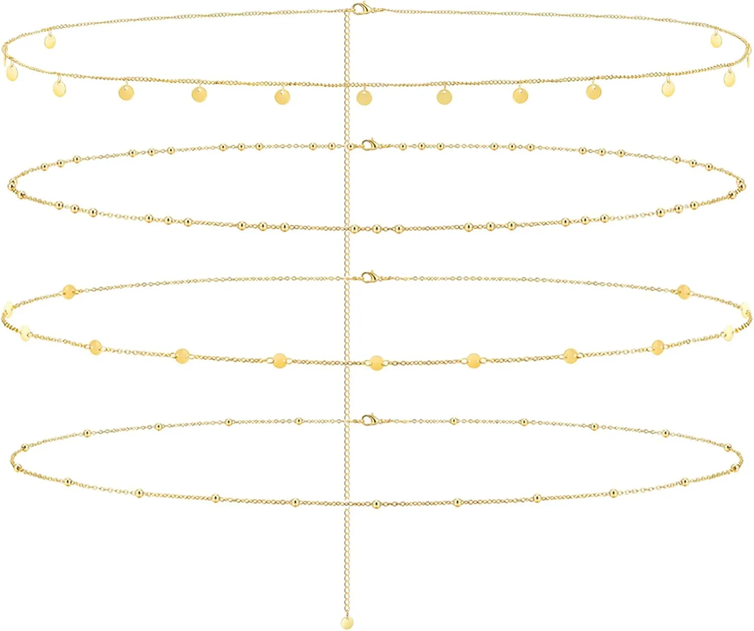 Jovivi 4 Pcs 18K Gold Plated Body Chains for Women,Adjustable Belly Chains for Waist,Multilayer Summer Beach Bikini Waist Beads Body Chains Jewelry for Women