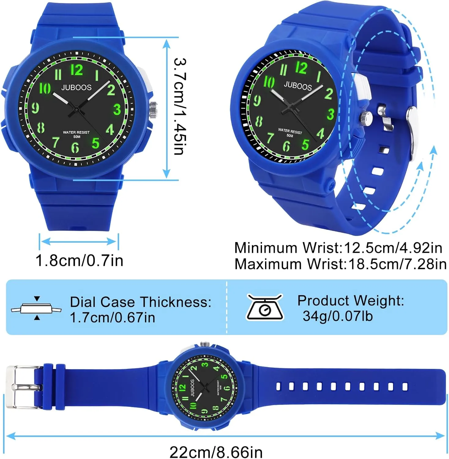 Juboos Kid's Analog Watch for Boys and Girls, Outdoor Sports 5 ATM/50 M Waterproof Childrens Watch with Light, Easy-to-Read Time Teaching Large Dial