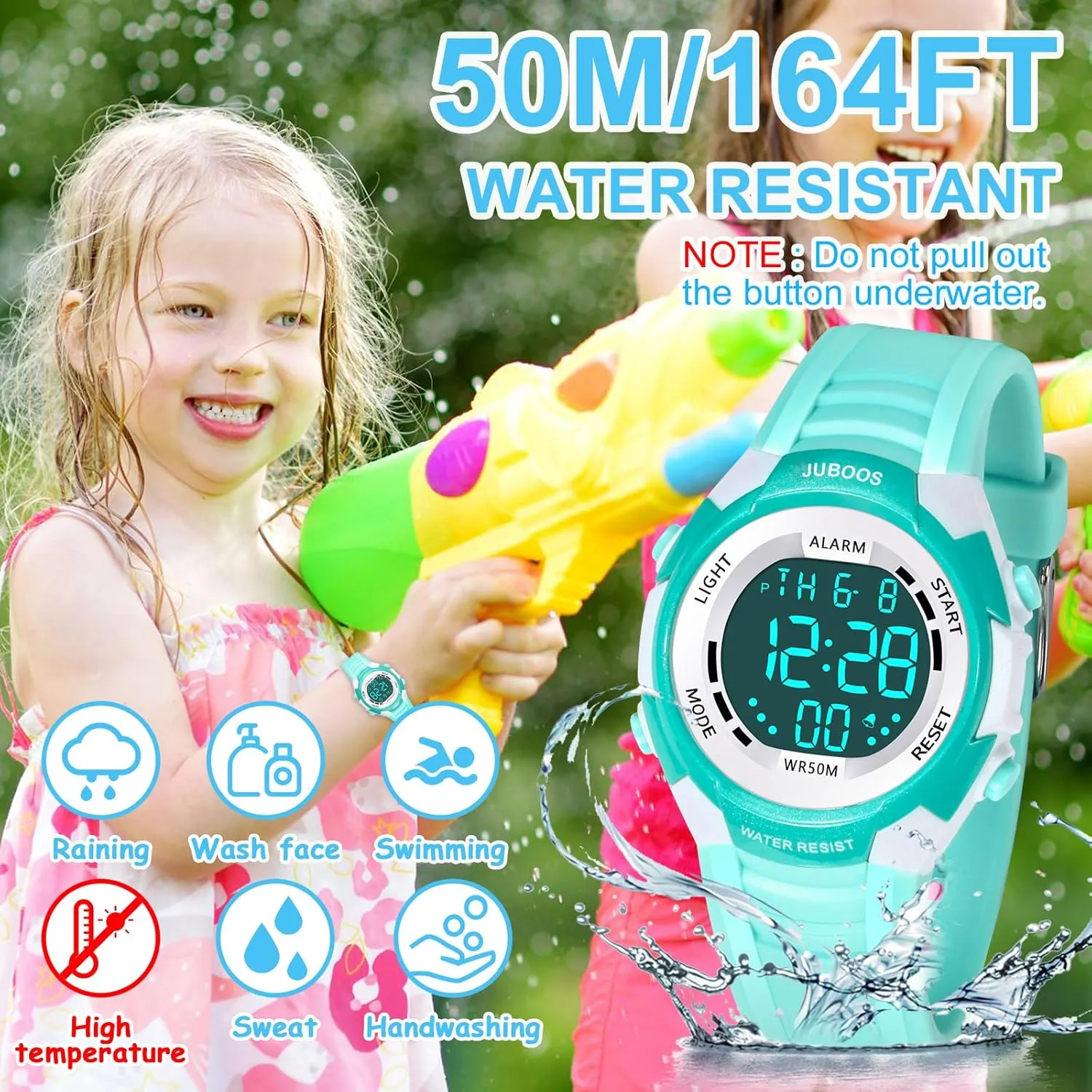 Juboos Kids Digital Watch for Boys Girls 5-18, 7 Colors LED Light Kids Sports Outdoor Wristwatch, 5 ATM Waterproof Watch with Alarm,Stopwatch