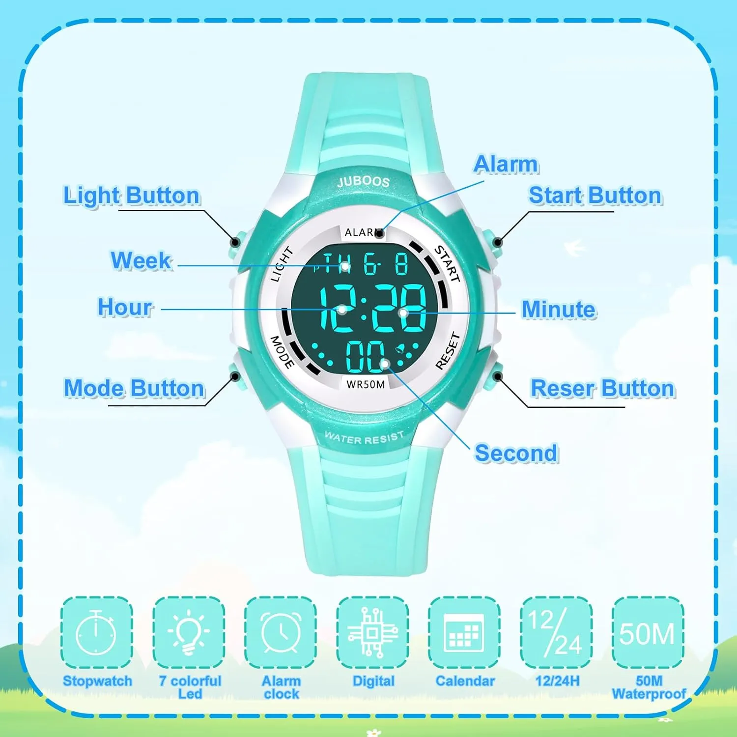 Juboos Kids Digital Watch for Boys Girls 5-18, 7 Colors LED Light Kids Sports Outdoor Wristwatch, 5 ATM Waterproof Watch with Alarm,Stopwatch