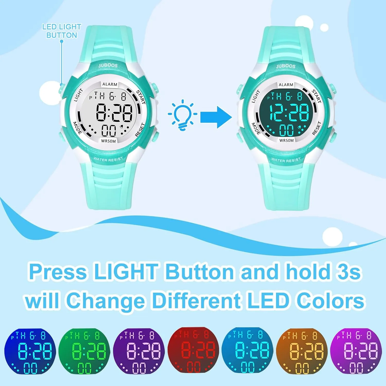 Juboos Kids Digital Watch for Boys Girls 5-18, 7 Colors LED Light Kids Sports Outdoor Wristwatch, 5 ATM Waterproof Watch with Alarm,Stopwatch