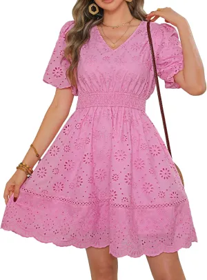 Kate Kasin Womens 2025 Summer Casual Dress V Neck Puff Sleeve A Line Hollow Out Eyelet Beach Wedding Guest Dress