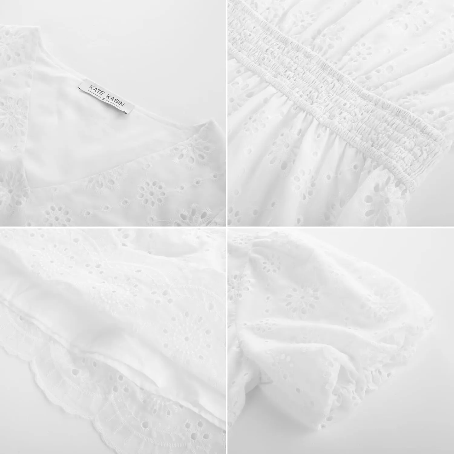 Kate Kasin Womens 2025 Summer Casual Dress V Neck Puff Sleeve A Line Hollow Out Eyelet Beach Wedding Guest Dress