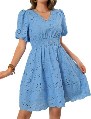 Kate Kasin Womens 2025 Summer Casual Dress V Neck Puff Sleeve A Line Hollow Out Eyelet Beach Wedding Guest Dress