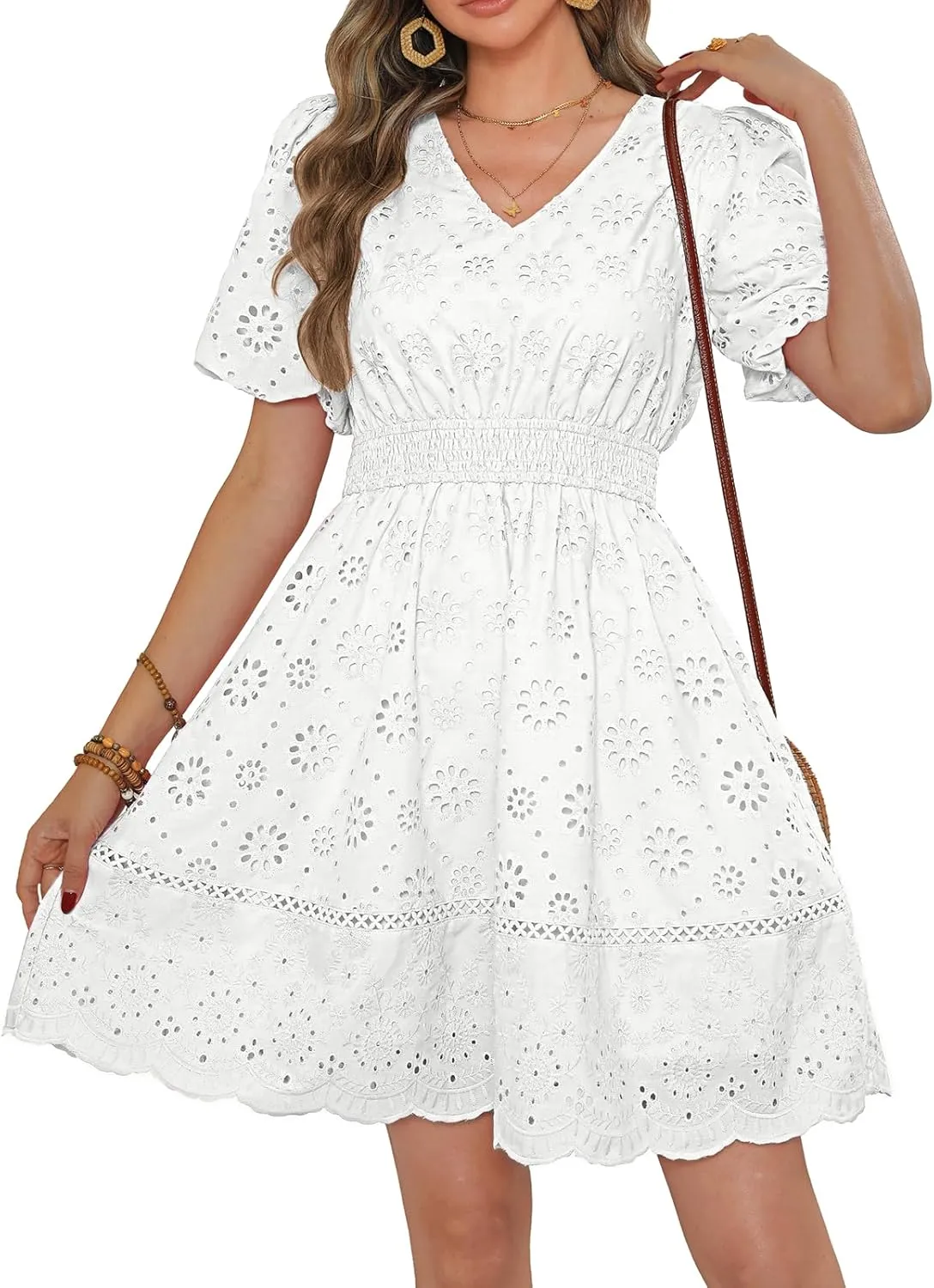 Kate Kasin Womens 2025 Summer Casual Dress V Neck Puff Sleeve A Line Hollow Out Eyelet Beach Wedding Guest Dress