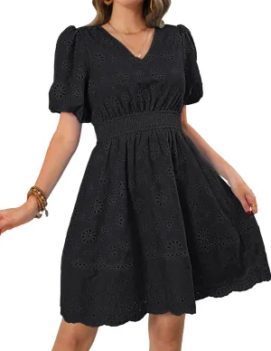 Kate Kasin Womens 2025 Summer Casual Dress V Neck Puff Sleeve A Line Hollow Out Eyelet Beach Wedding Guest Dress