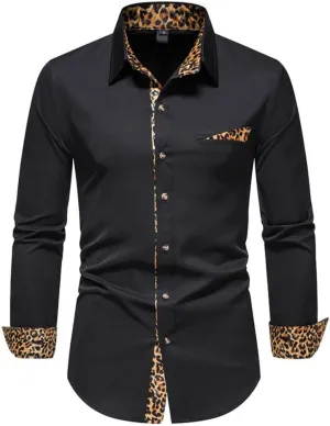 Kinkia Men's Dress Shirts Regular Fit Stretch Long Sleeve Leopard Collar Button Down Shirt for Wedding Business