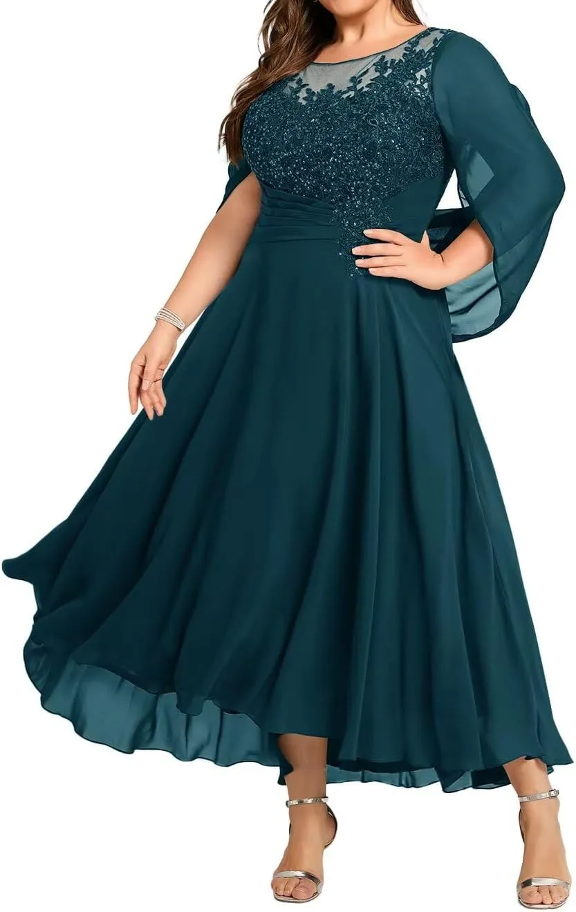 Lace Appliques Mother of The Bride Dresses for Wedding Long Chiffon Beaded Formal Evening Gown