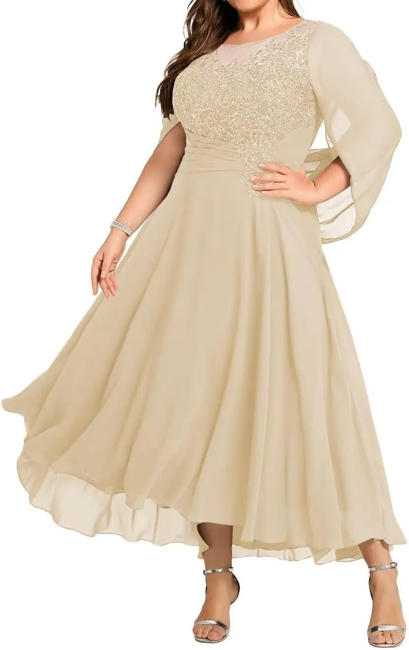 Lace Appliques Mother of The Bride Dresses for Wedding Long Chiffon Beaded Formal Evening Gown