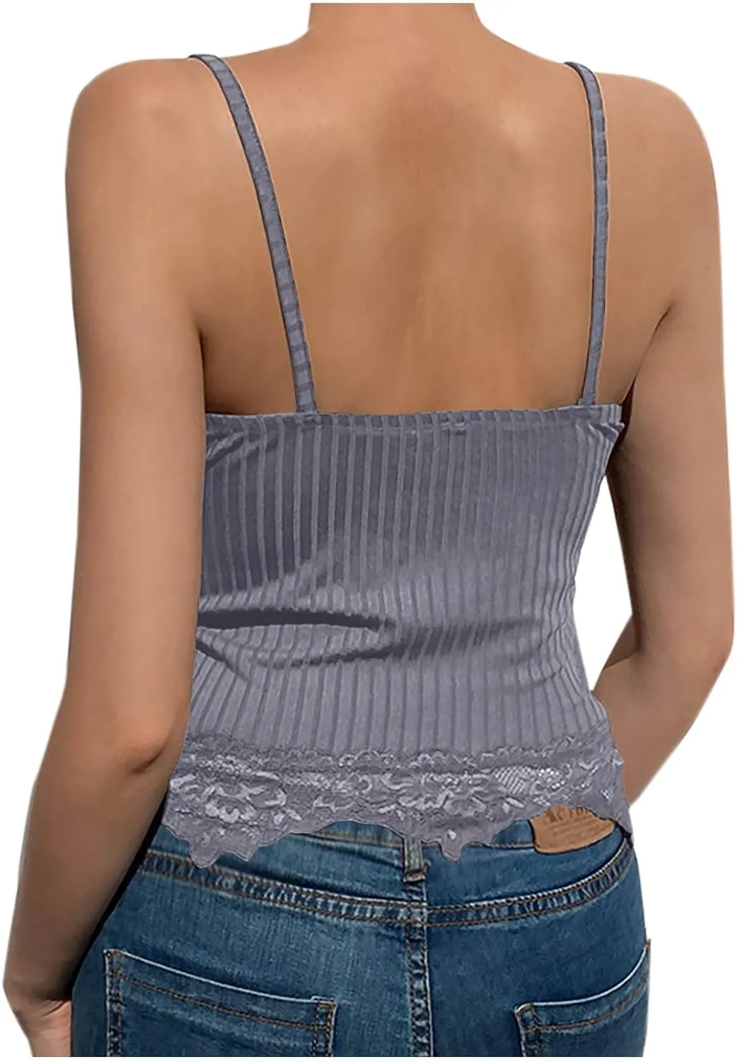 Lace Trim Cami Tops for Women Sexy V Neck Spaghetti Straps Camisole Tops Ribbed Soft No Underwire Gather Bralettes