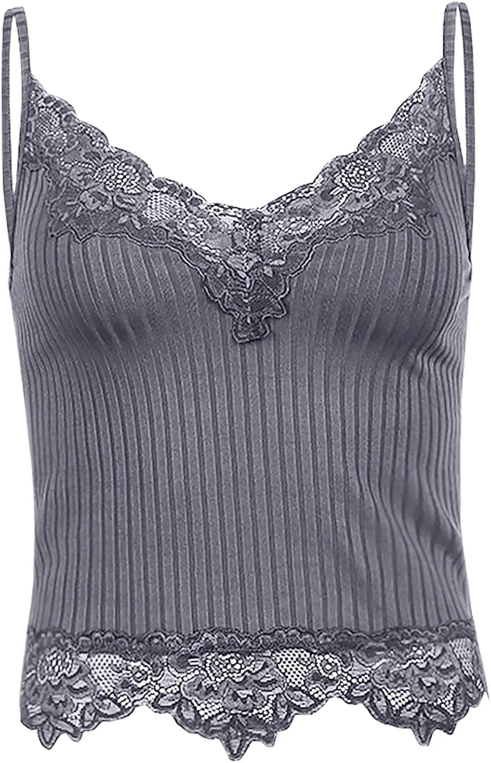 Lace Trim Cami Tops for Women Sexy V Neck Spaghetti Straps Camisole Tops Ribbed Soft No Underwire Gather Bralettes