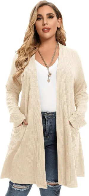 LARACE Open Front Knit Cardigan Sweaters for Women Plus Size Long Sleeve Tops with Pockets Lightweight for Winter