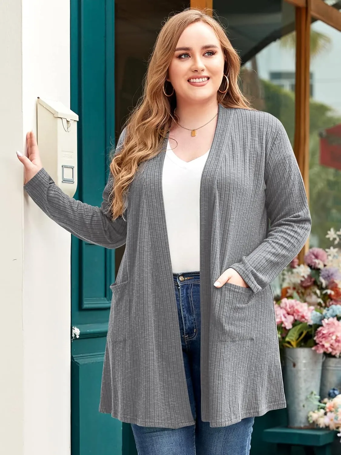 LARACE Open Front Knit Cardigan Sweaters for Women Plus Size Long Sleeve Tops with Pockets Lightweight for Winter