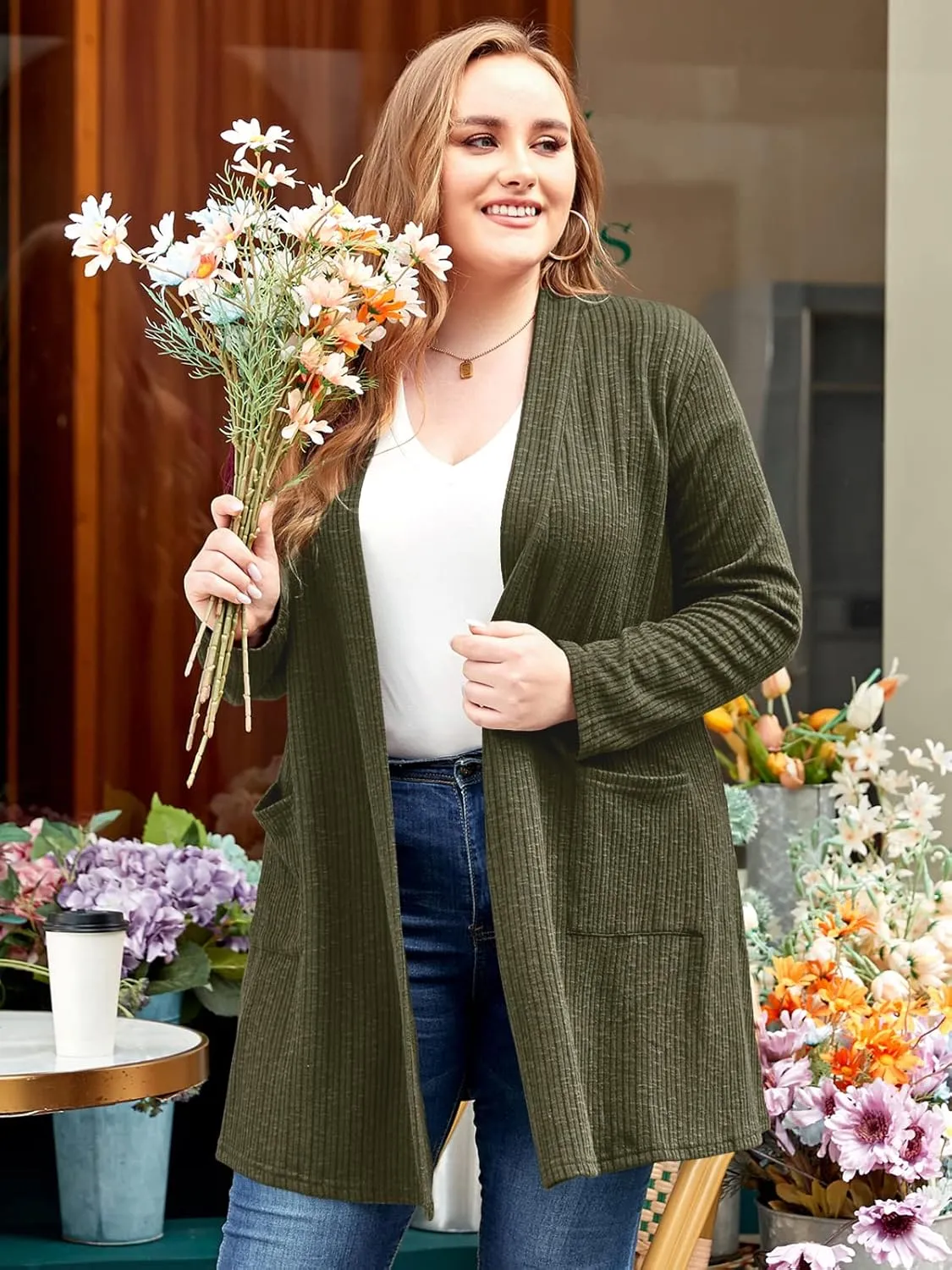 LARACE Open Front Knit Cardigan Sweaters for Women Plus Size Long Sleeve Tops with Pockets Lightweight for Winter